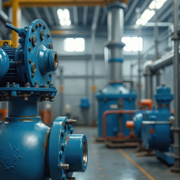Blue motor operated valve with pipes in industrial plant. Valves control flow in pipelines. Co-generation power plant equipment for industry. Control, regulate fluids. Engineering, energy
