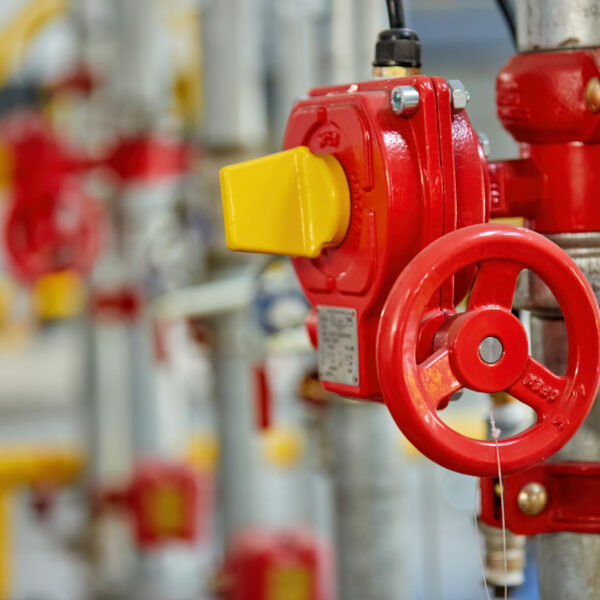 Red fire water valve on the piping system of the industrial firefighting system in the technological complex. Components of automatic fire extinguishing system.